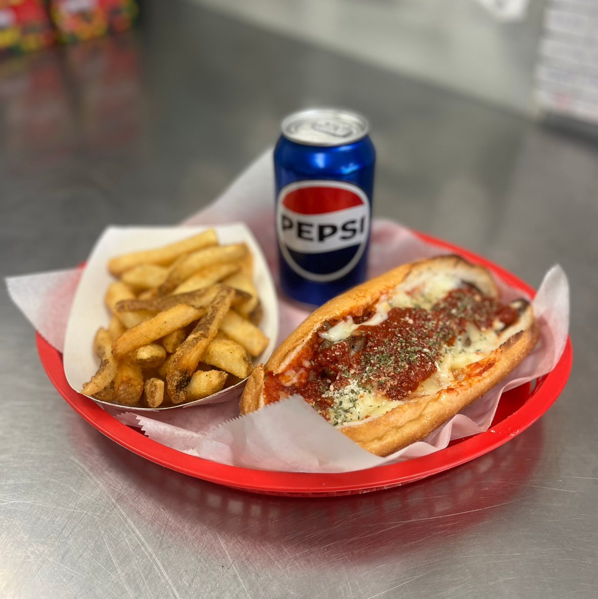 8" Sausage Parm Sandwich Meal Deal.