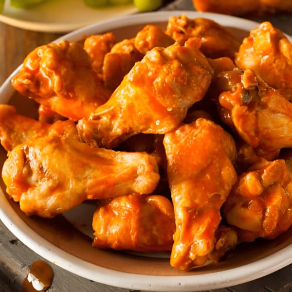 A close-up of a plate filled with golden-brown, saucy chicken wings from Sarappo's Pizza.