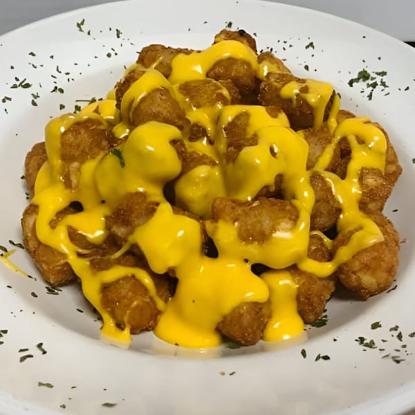 Golden-brown tater tots generously covered in melted yellow cheese and sprinkled with herbs.