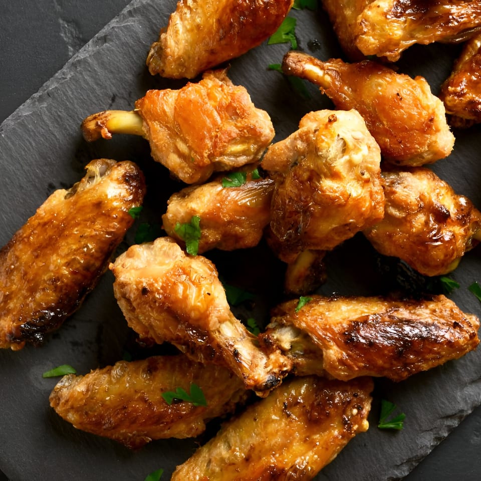 Close-up of golden-brown Sarappo's Pizza chicken wings garnished with fresh parsley on a dark slate.