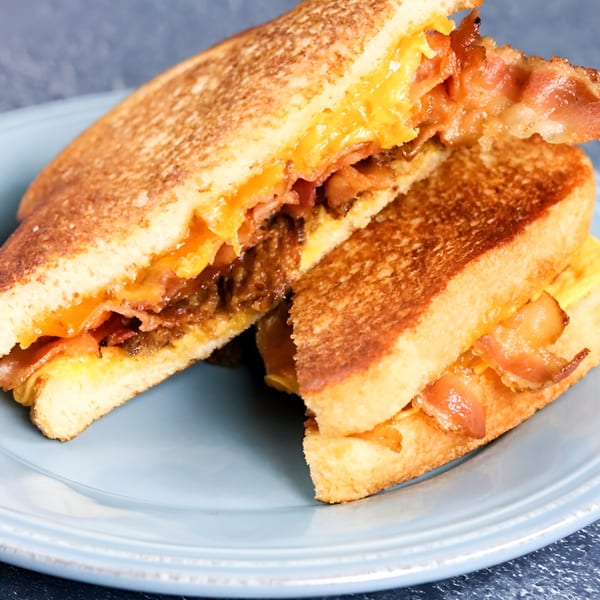 Grilled cheese sandwich with bacon and melted cheddar, cut in half on a blue plate.